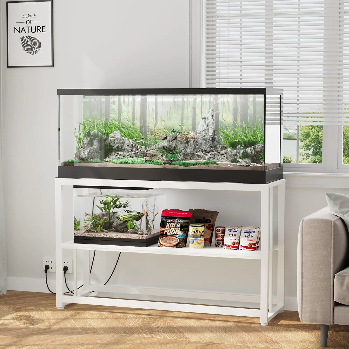 VOWNER 55-75 Gallon Fish Tank Stand - Metal Aquarium Stand 48.4" x 14.9" x 29.5" Heavy Duty Reptile Tank Stand Adjustable 2-Tier Fish Tank Rack Shelf for Home Office Tank not Included White